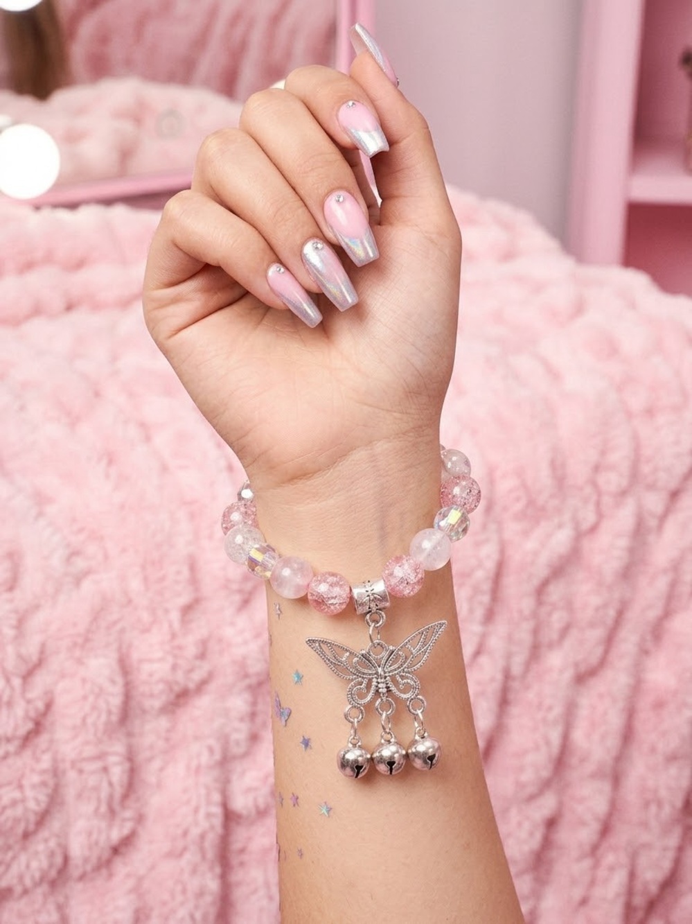 Pink Crystal Bead Butterfly Charm Bracelet Cottagecore Ren Faire fairycore